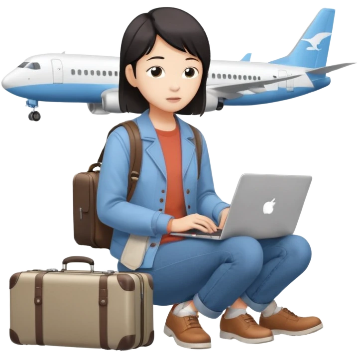 페르소나 요약 : 교환학생을 준비하는 대학생. 동양인 중성 20대의 상반신, 캐주얼한 옷을 입은 채 노트북을 보고 있으며 옆 한켠에는 캐리어가 함께 준비되어 있어요. 머리 위에 생각풍선으로 비행기를 떠올리고 있어요 emoji