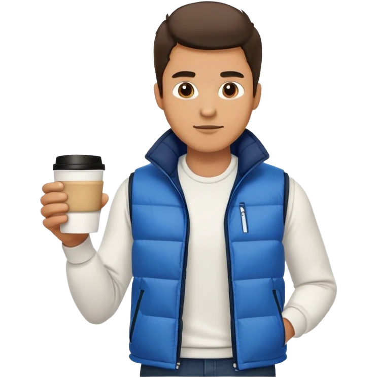 full length man with white shirt and blue puffer vest and long straight jeans with black tennis shoes holding a coffee cup in front of him and nothing in his other hand emoji
