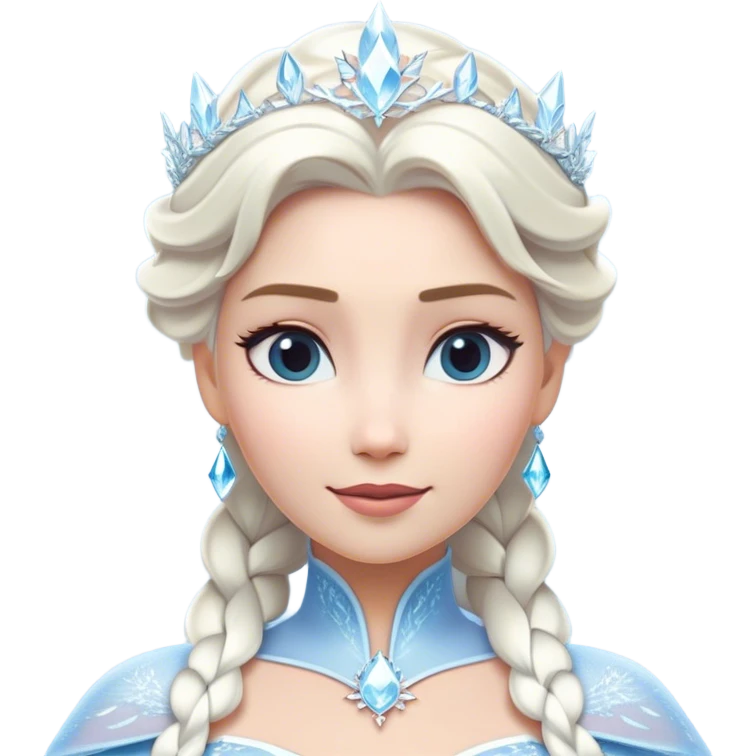 Cinematic Majestic Snow Queen Portrait Emoji, rendered in a clean, vector-style with bold, simplified shapes. Show Elsa with a serene, noble expression, luminous icy skin and gracefully styled platinum hair adorned with subtle crystalline accents, her attire minimal yet majestic. The design radiates a cool, crystalline glow with high shine and a soft glowing outline, embodying timeless, frosty elegance. emoji