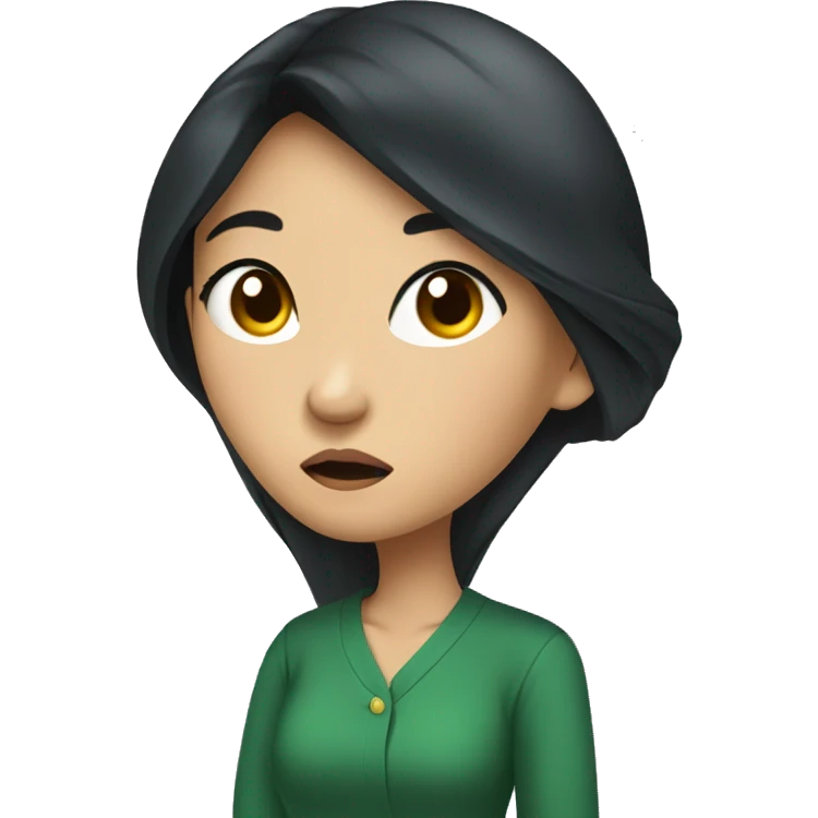 asian lady with long black hair, hoop earrings, a dark green shirt with a puzzled look on her face emoji