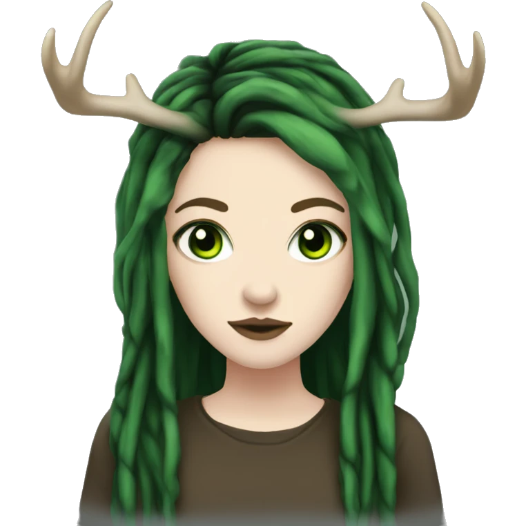 Girl with pale skin, green eyes, black dread-locks, eyeliner, deer antlers, grunge emoji