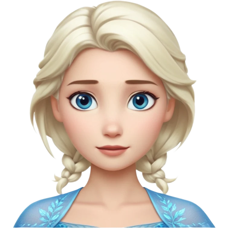Кинематографический реалистичный портрет Эльзы с реалистичной текстурой кожи, мягким естественным освещением и изящно детализированными платиново-русыми волосами Её  выразительные голубые глаза излучают уверенность, спокойное выражение. Портрет отличается мягким чарующим сиянием с прохладной emoji