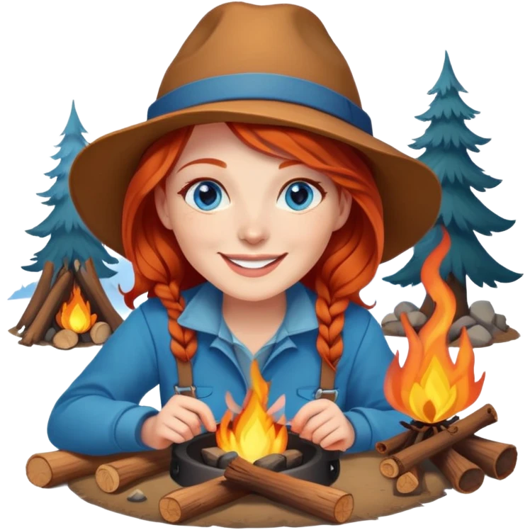 Happy Redhead woman with blue eyes beside campfire emoji