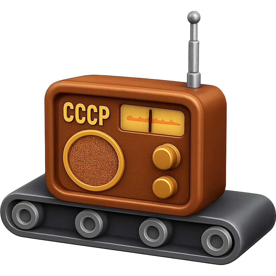 Сгенерируй мне детализированный емодзи, конвеер на котором лежит советский радиоприемник, на пнг фоне без фона. В СТИЛЕ ЕМОДЗИ ЭПЛ! emoji