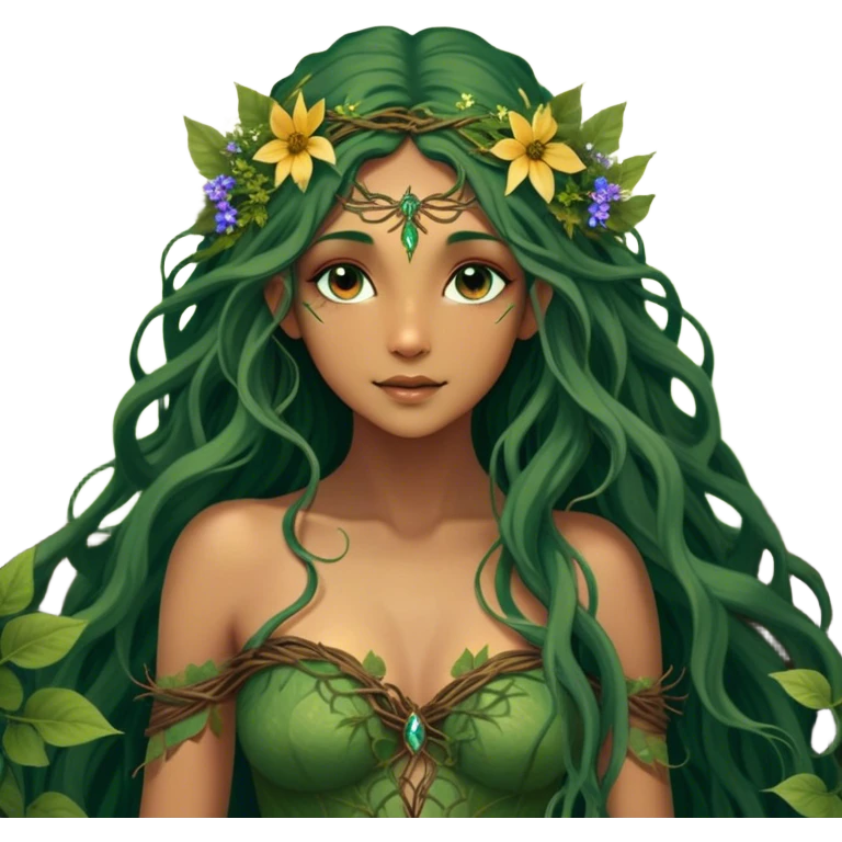 Cinematic Realistic Forest Nymph Fairy Portrait, depicted with lifelike, sun-kissed tanned skin that radiates an earthy glow, softly illuminated by natural, dappled light. Her long, flowing dark green hair is intricately detailed and interwoven with delicate vines and wildflowers, while her deep, soulful eyes mirror the wisdom of the forest. Dressed in an attire inspired by nature’s palette—with subtle botanical motifs—the portrait exudes a soft, enchanted glow that melds realism with woodland magic showing her large butterfly wings. emoji