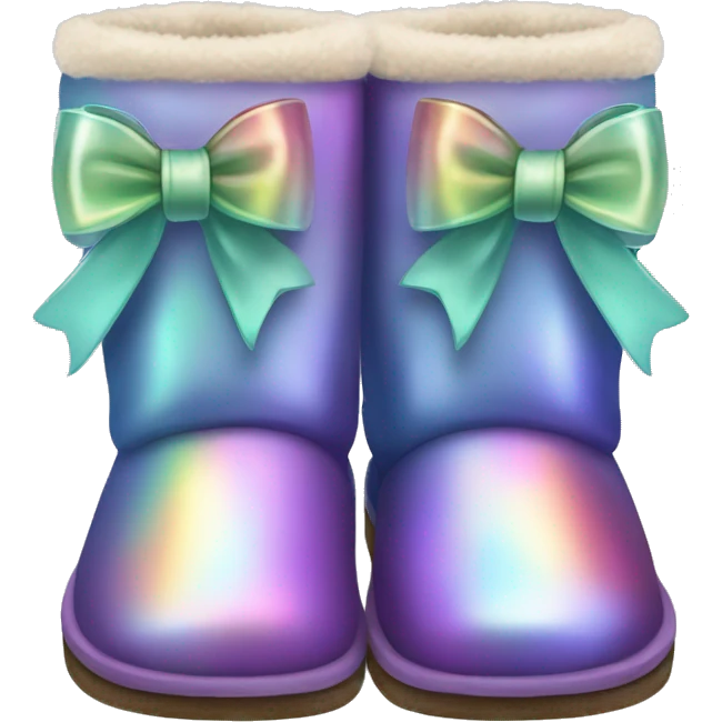 Pair of iridescent Ugg fur boots with ribbon bows. emoji