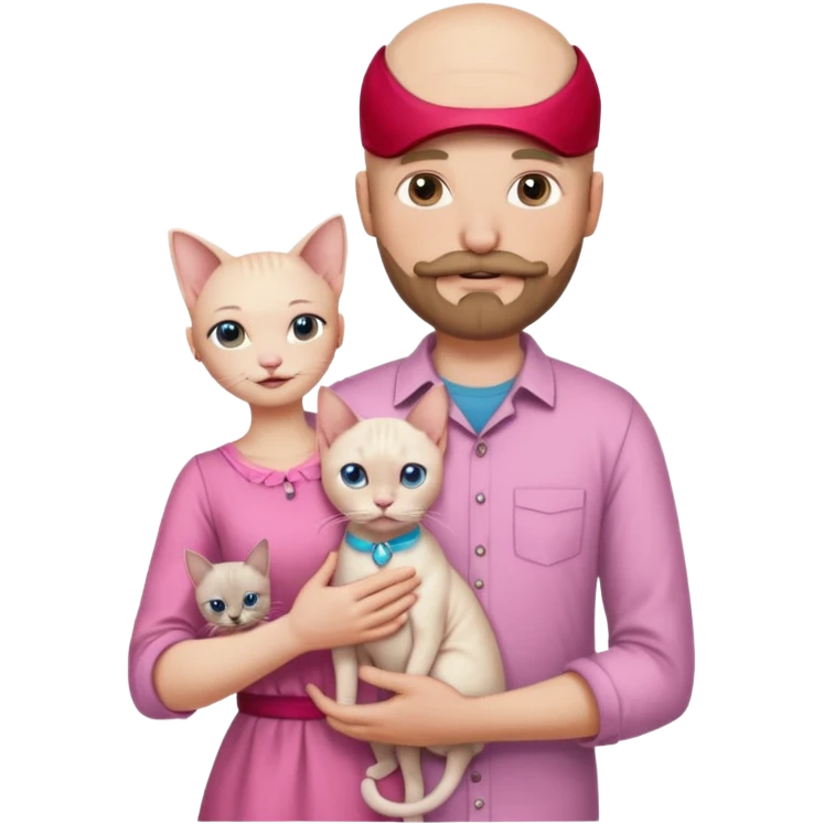 A bald white man in a shirt with a moustache and beard is holding a Siamese cat in his arms. Next to him stands a woman with light hair in a pink dress, holding a white Sphynx cat in her arms emoji