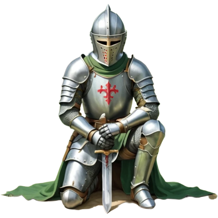 A lone medieval knight in a green worn armor kneels. His helmet is closed, hiding his face, conveying silence, exhaustion and contemplation. A long sword is planted in the ground beside him, its hilt resting near his gloved hands as if he is praying or resting after battle. emoji