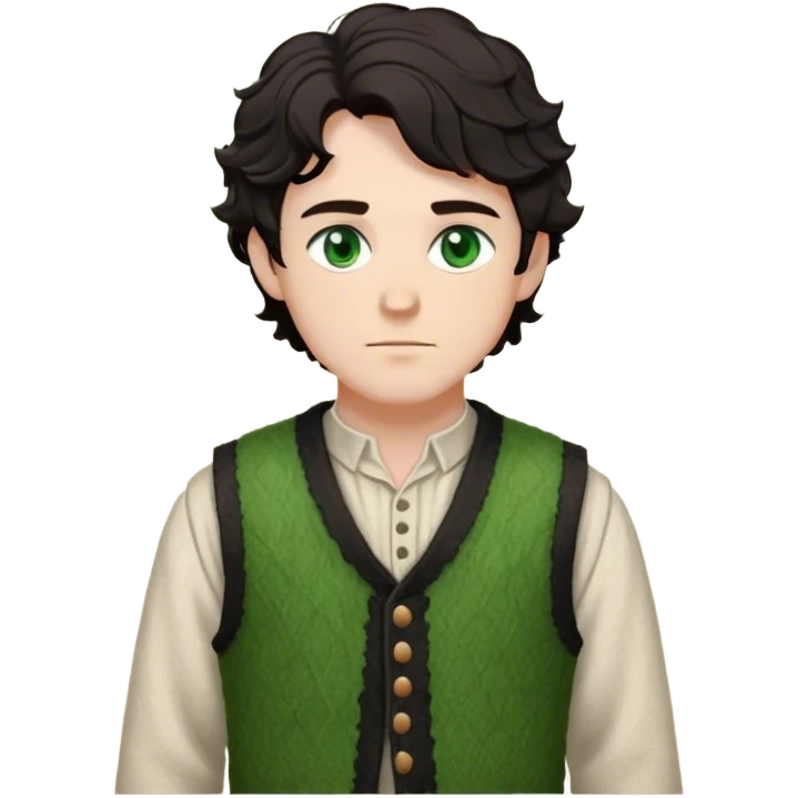 medieval outfit worn by a DnD themed fantasy character. basic rough-spun tunic with a thick wool vest. clothes only above the waist. The clothes full waist. The character's haven't arms. character is black hair green eyes short wavy hair white man. emoji