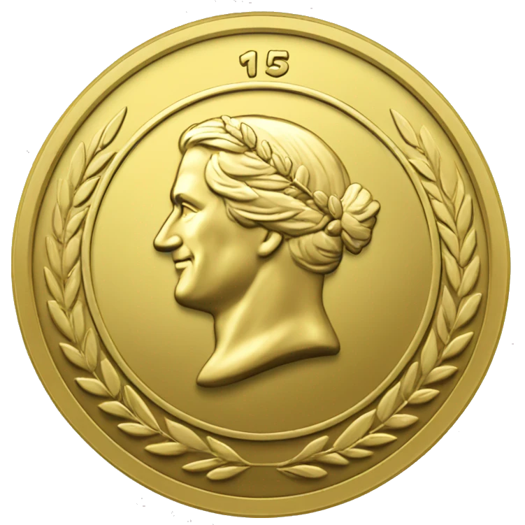 gold coin with large "15" label in center and laurel emoji