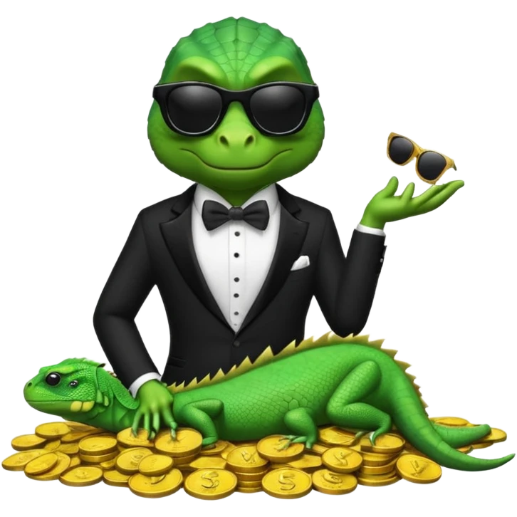 capitalist iguana banker in tuxedo and black sunglasses lying comfortly on coins emoji