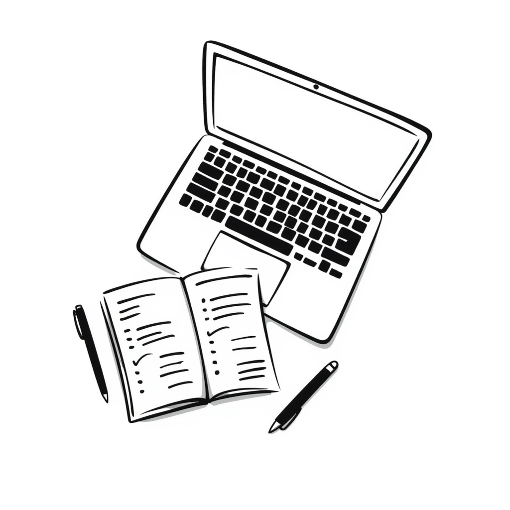 top view of a MacBook and a notebook with a pen nearby, notebook with visible notes emoji