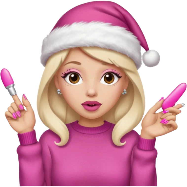 Sassy, cunty, girly Santa emoji with big lips, fake nails, pink sweater, and a pink santa hat. emoji