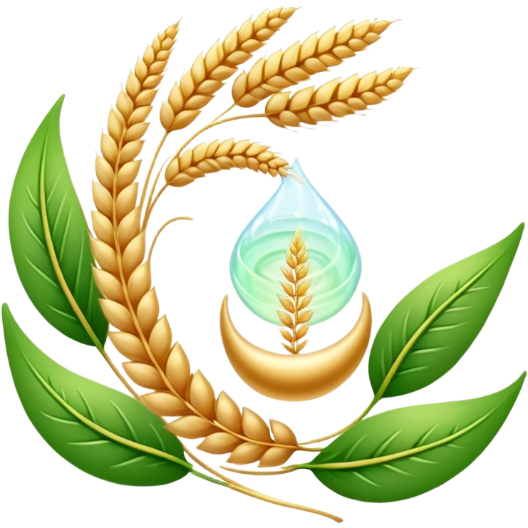Golden wheat ear floating next to green leaves, surrounding an ethereal digestive system in a spiral form. Small cleansing sparkles flow like a river of light, clearing paths and creating internal lightness. The scene shows fiber's cleansing effect on the digestive tract. emoji