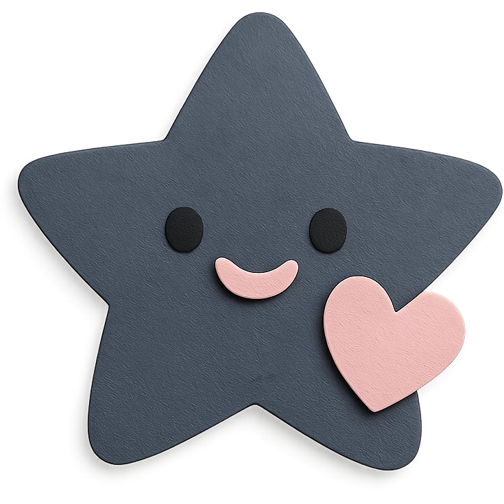 Happy pastel black star with a tiny pastel heart in front, no arms or legs, full body, transparent background, kawaii paper craft style. emoji