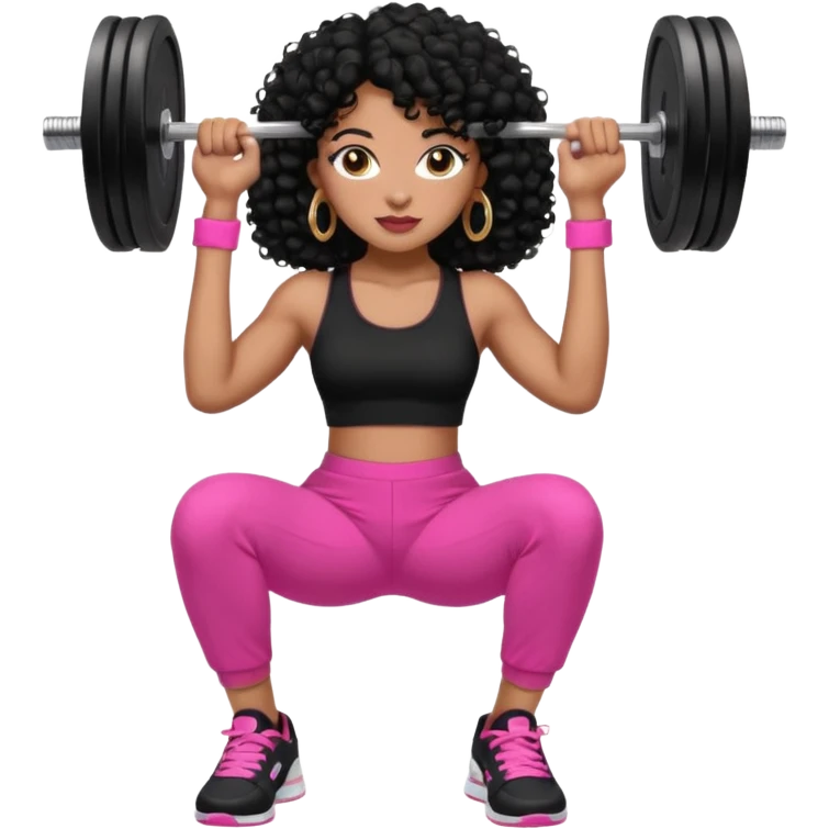 Black woman, adult, 4C black curly hair, dark brown eyes, wearing black top, pink pants, black sneakers, gold hoop earrings,  na academia levantando peso emoji