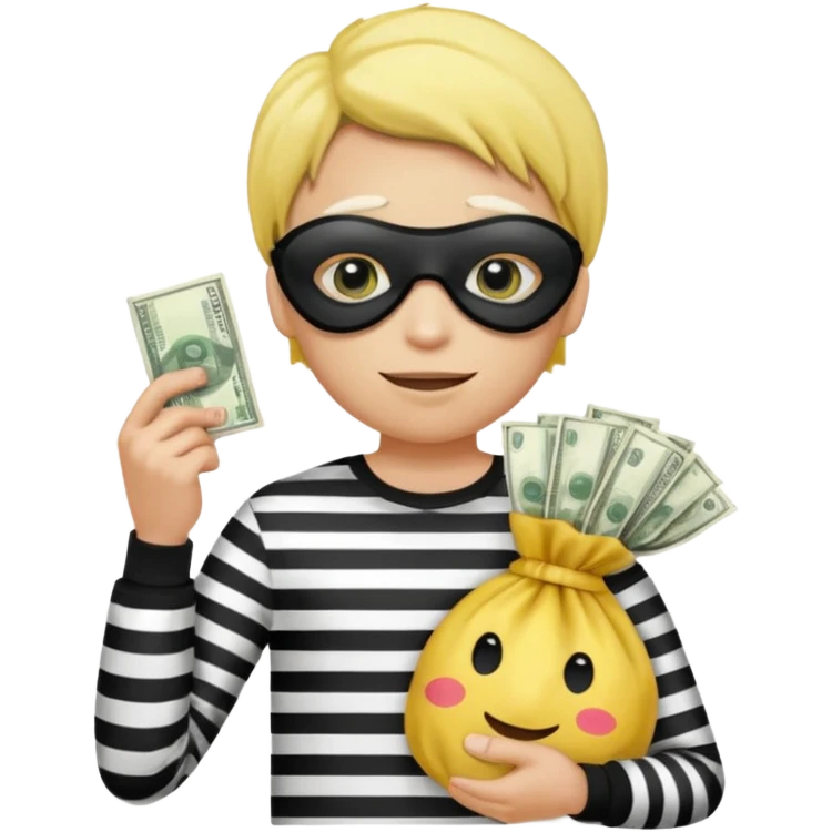 Make a yellow person with a eye mask and black and white shirt and a bag of money emoji