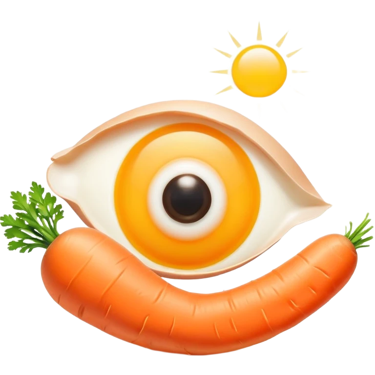 Carrot, chicken, and egg yolk surrounding a simple eye symbol and a small patch of glowing healthy skin. Gentle rays connect the foods to the eye and skin, showing vitamin A's role in vision and skin health. emoji