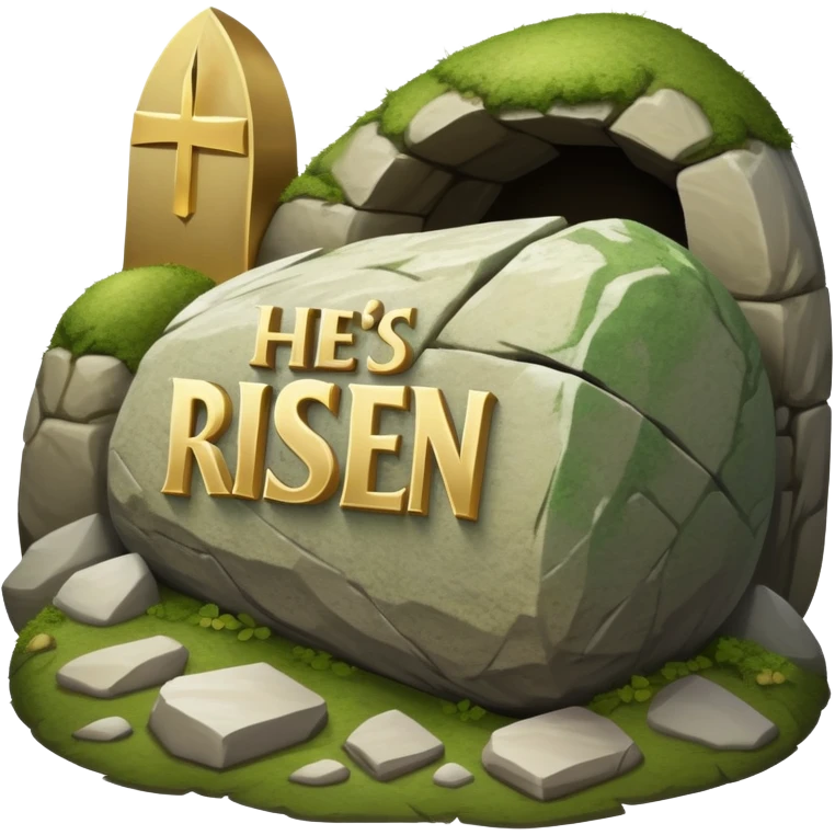 An empty tomb with stone rolled away and "He is risen" text emoji