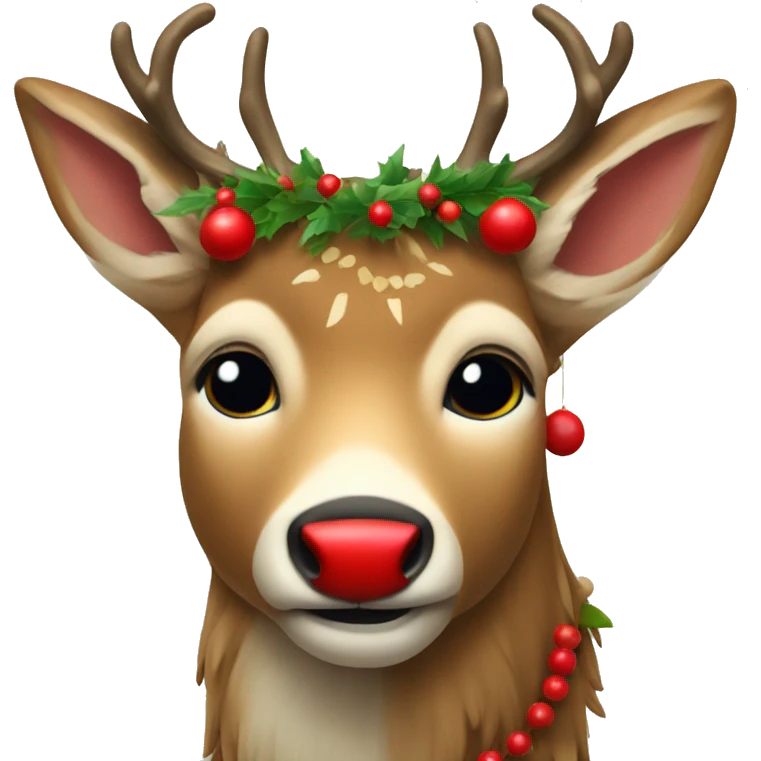 Deer with a garland on the horns, red nose emoji
