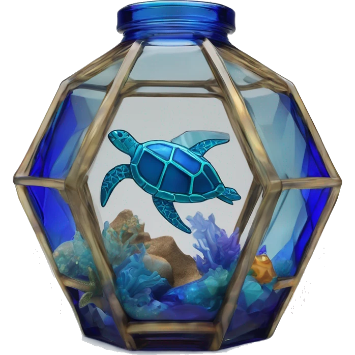 symbolic ocean in a bottle sculpture symbolizing Pisces with a geometric, faceted design sea turtle. The bottle is standing upright with angular and baroque features. The vibrant deep blue waves colors highlights the sharp edges and planes.  emoji