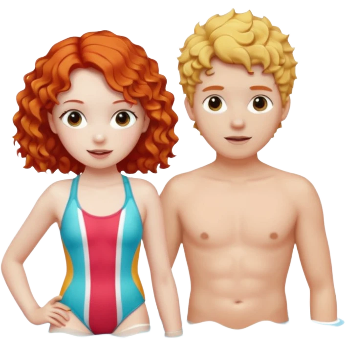 Red hair Girl and curly blonde boy in swimsuit emoji