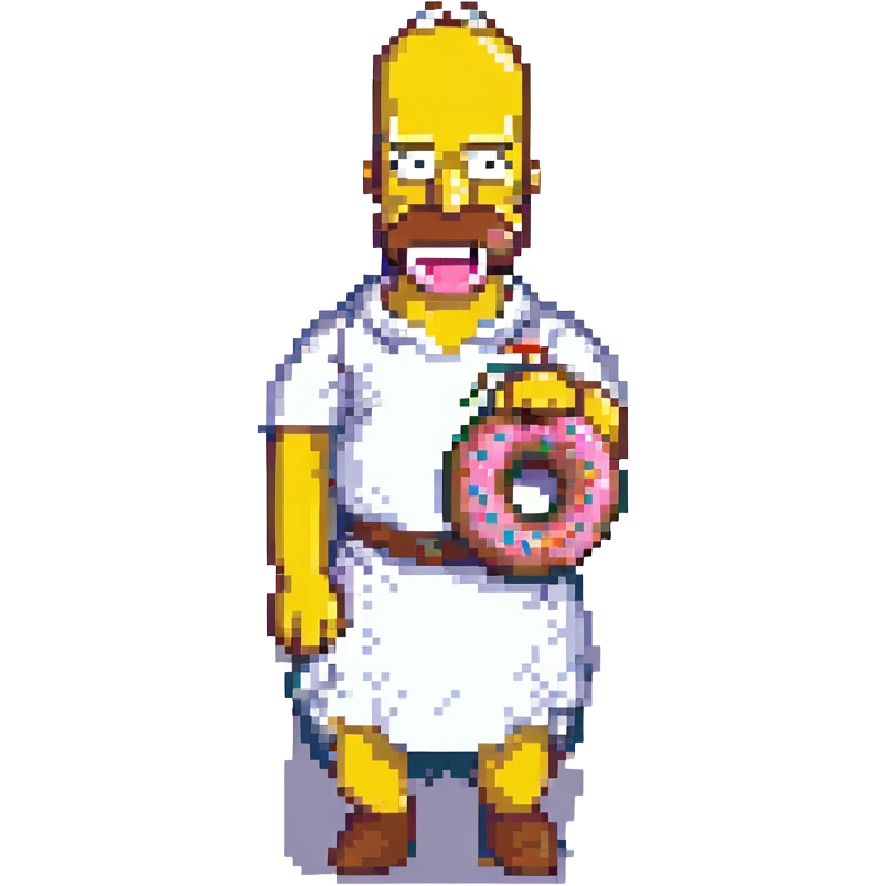 Homer Simpson in pixel art style, simple features, holding a pink frosted donut emoji