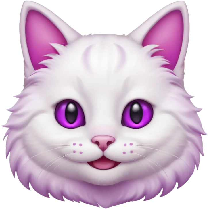 White cat happy smiling with teeth showing, light pink inner ears, magenta purple eyes, looks like discord's :smiley_cat: emoji, male looking emoji