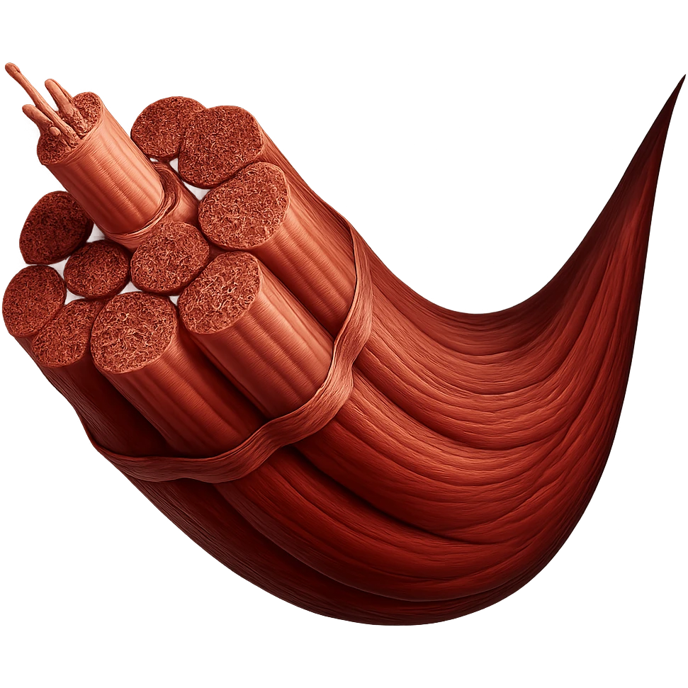 Create a 3D elongated human muscle anatomy in a hyperrealistic style, similar to the reference image, with no background. emoji