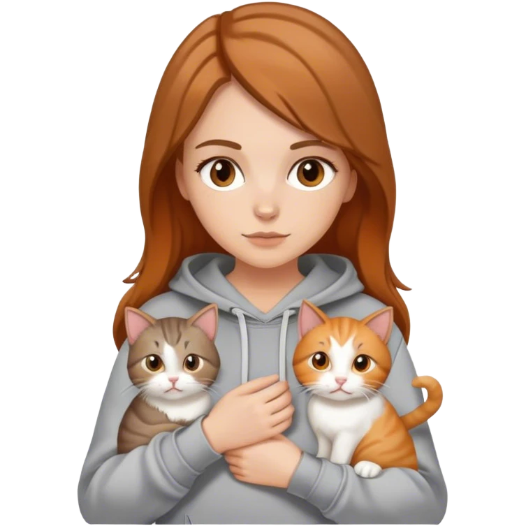 A white girl with brown caramel hair with highlights wearing a gray hoodie holding two cats one is white and baige and the other one is orange and white  emoji