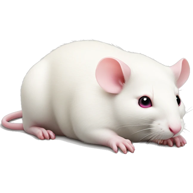 Realistic fat white rat with pink eyes lying down, full body showing emoji
