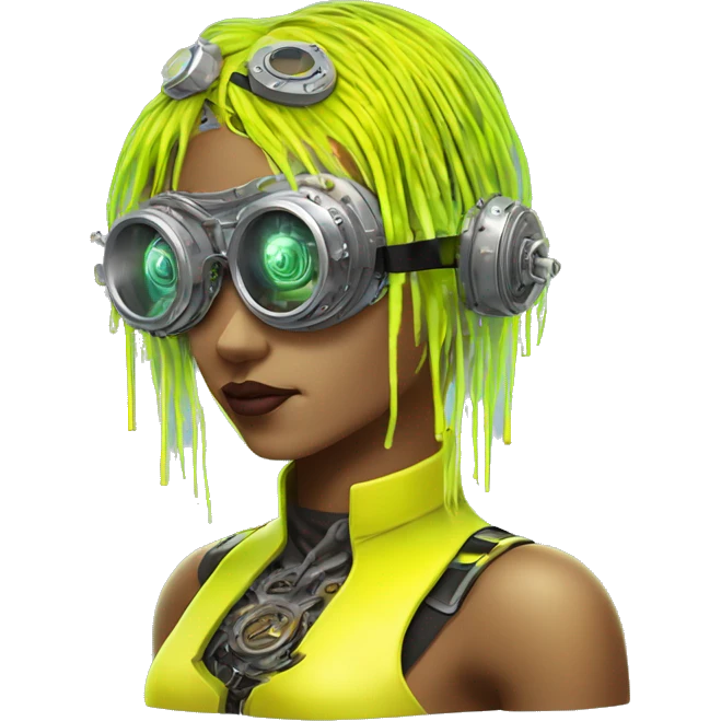 Neon yellow bobbed hair Latina female cyborg head with silver steampunk goggles and circuits emoji