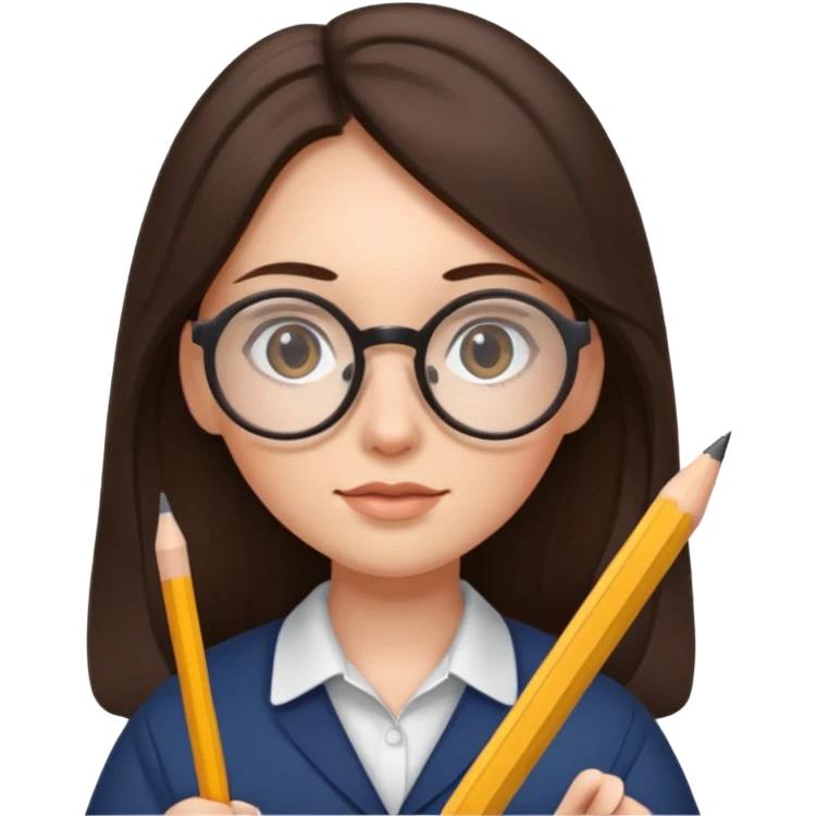 brunette woman with long hair and round glasses, holding a pencil emoji