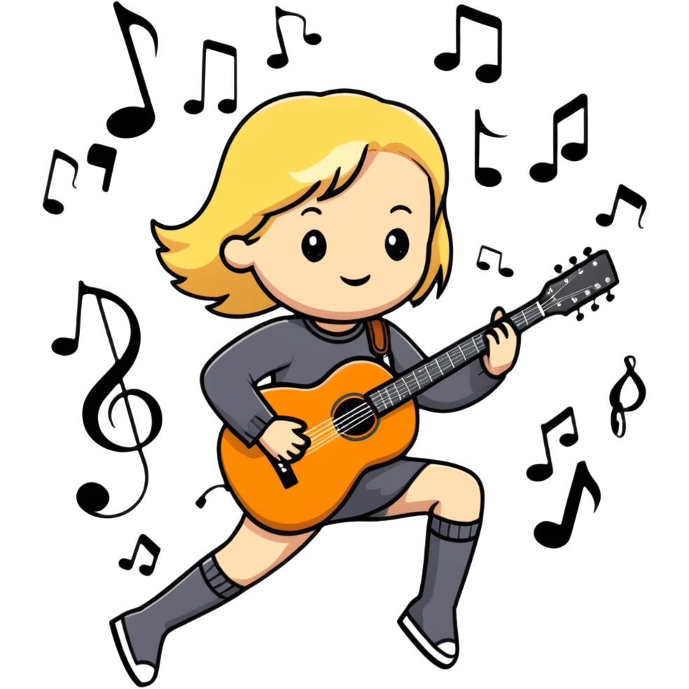 cute blonde girl playing guitar with music notes floating emoji