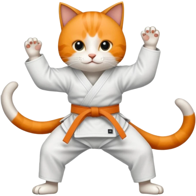 Katze im Judoanzug mit schwarzem Gürtel beim Kämpfen mit ausgestrecktem Bein emoji