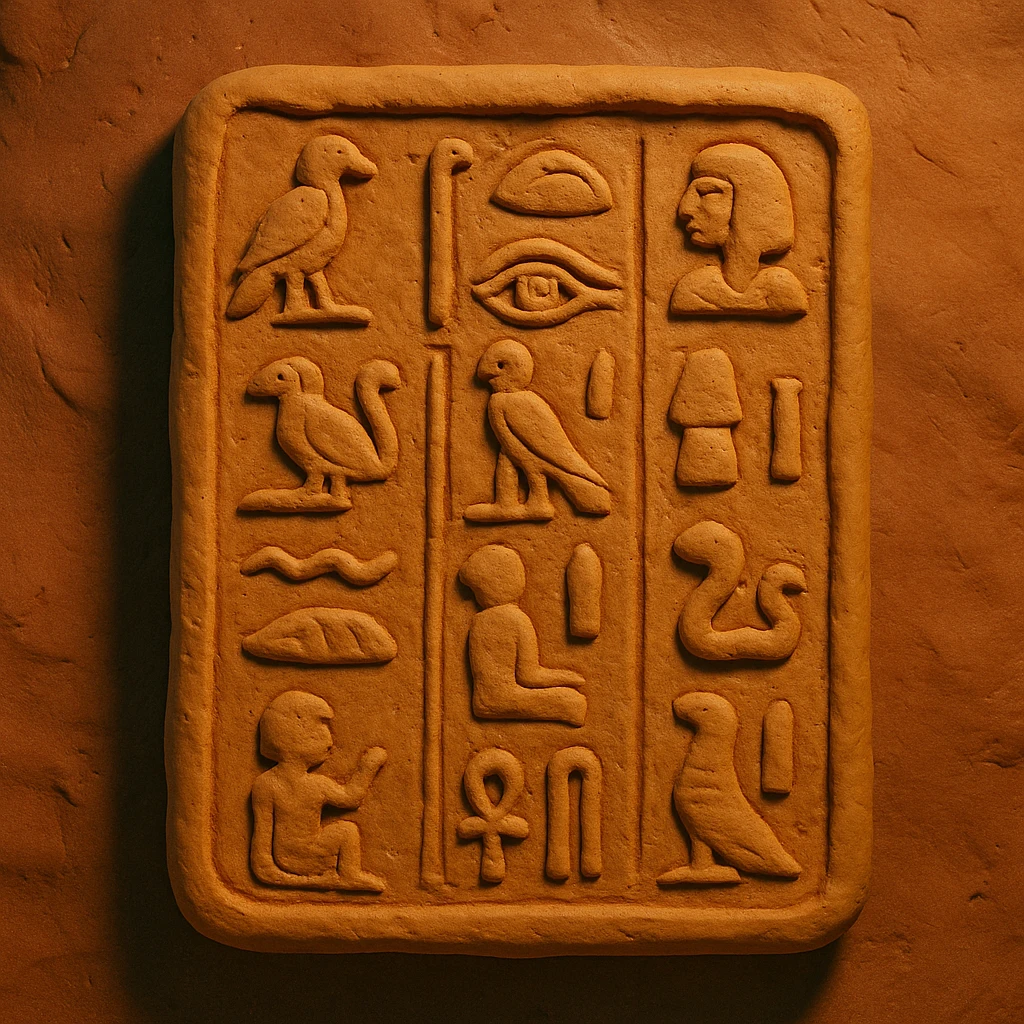 a clay tablet with ancient Egyptian hieroglyphics, detailed carvings, warm earthy tones emoji