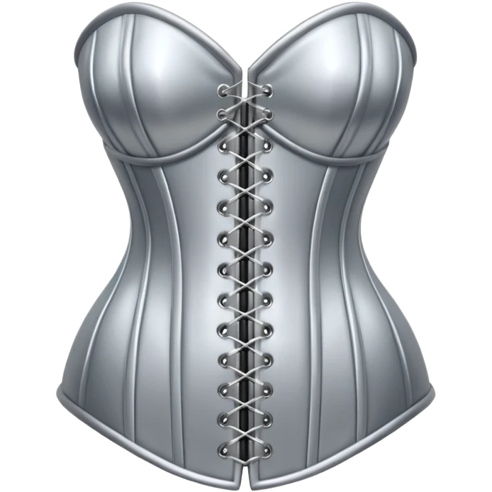 A luxury corset emoji made of silver chrome, smooth metallic curves, minimal fashion silhouette, glossy reflections, sensual high-end aesthetic, iOS emoji style, centered, clean white background emoji
