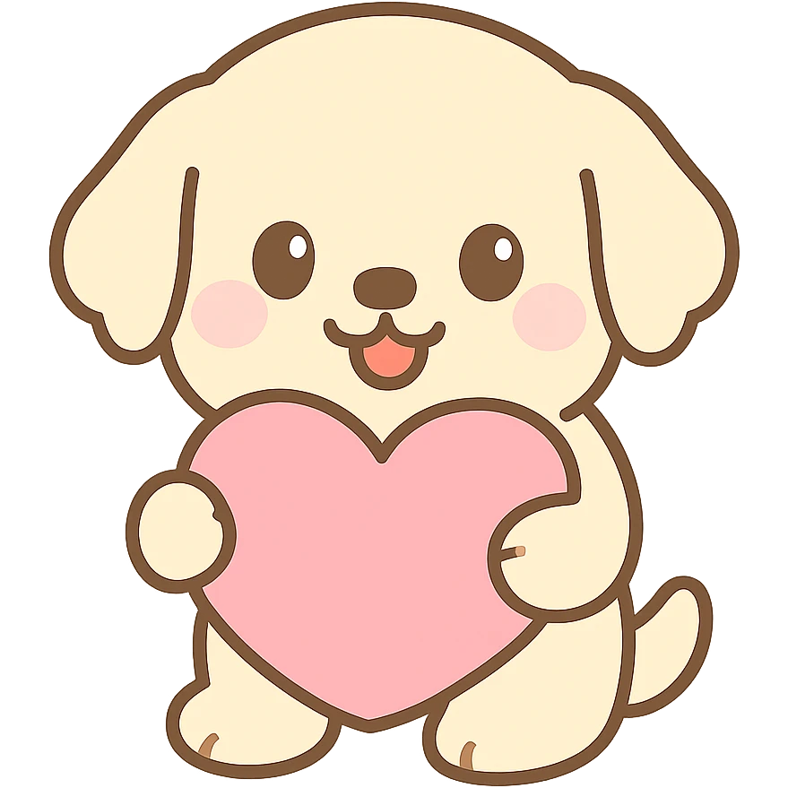 fluffy cream retriever dog holding pretty pink heart cushion, joyful expression emoji