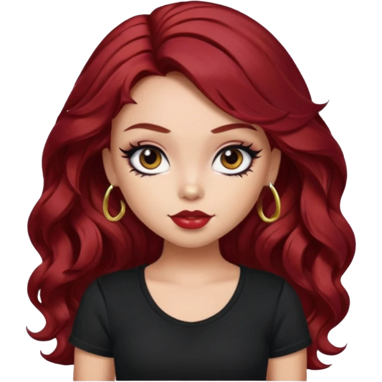 a pretty fair bratz girl with wavy dark red hair, wearing a black tee. eyeliner on emoji