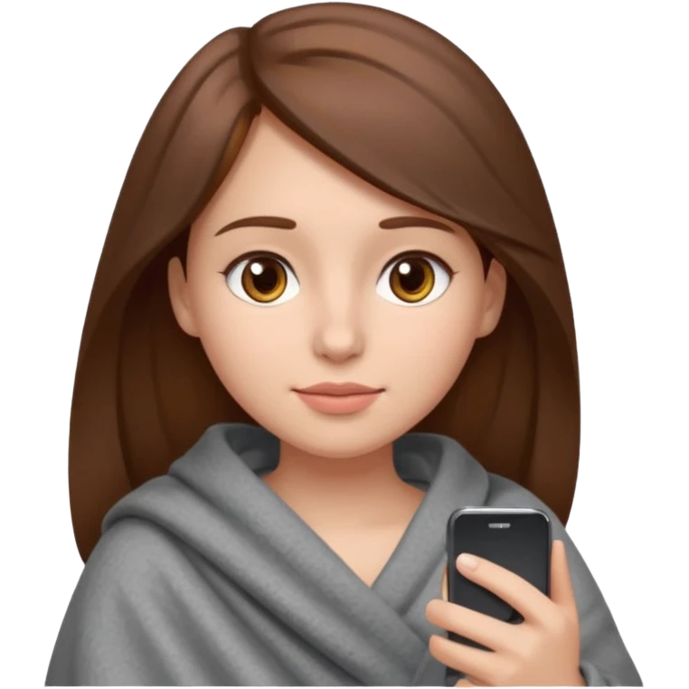 создай девушку с телефоном в руках (айфон) в стиле Emoji  iOS. 
У девушки длинные коричневые волосы, карие глаза, она сама светлая кожа, без макияжа, у неё большие глаза, нос с малекой горбмнкой и немного пухлые губы,  сидидит укутавшись в плед серый плед, смотрит в экрван телефона emoji