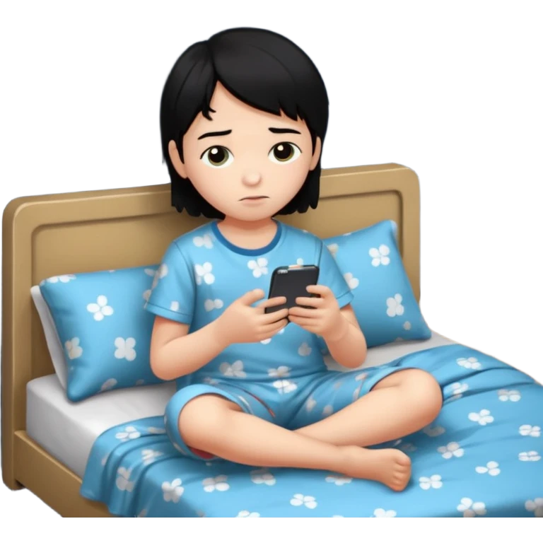 un niño de entre 3 - 10 años jugando con su celular, cansado en una habitacion apagada, el niño tiene piel blanca y cabello negro

 emoji