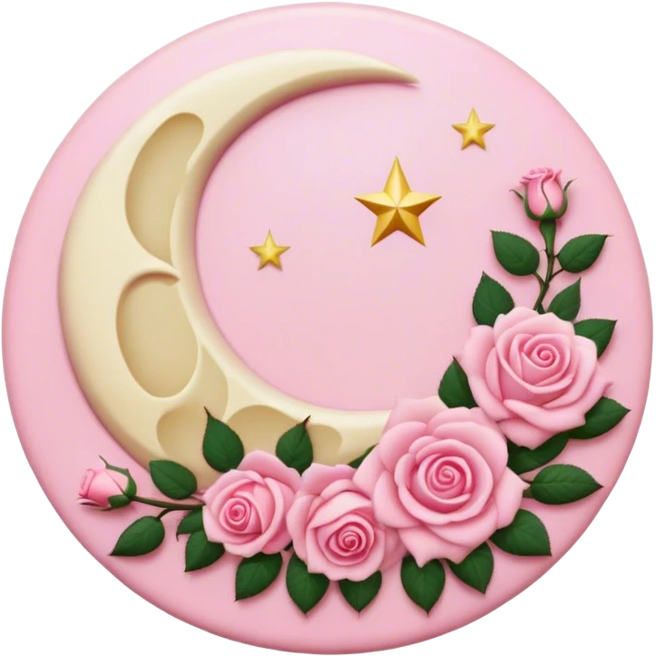 A round pink button with a cream colored crescent damask moon and pink roses in the center emoji