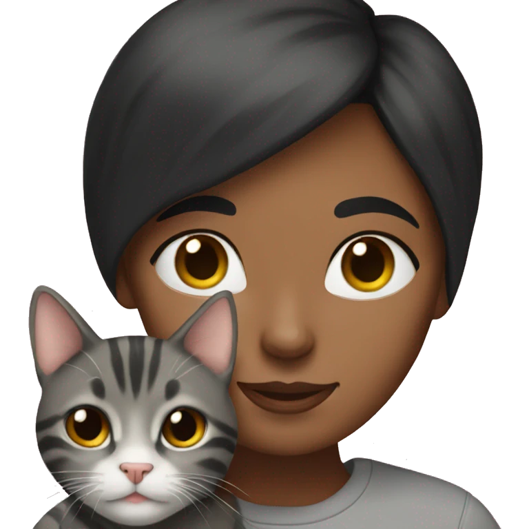 A black haired girl holding a gray tabby cat emoji