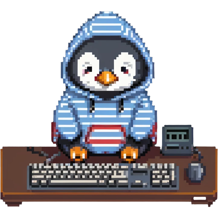 A retro-style penguin with a striped hoodie typing on an old-school computer keyboard emoji