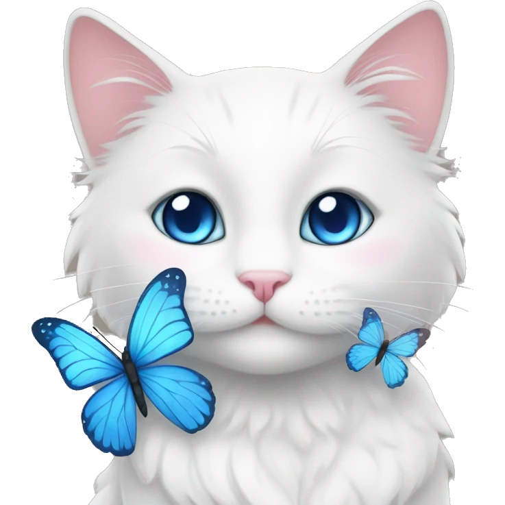 Cute gorgeous white cat with blue eyes sona with flowers and butterflies emoji