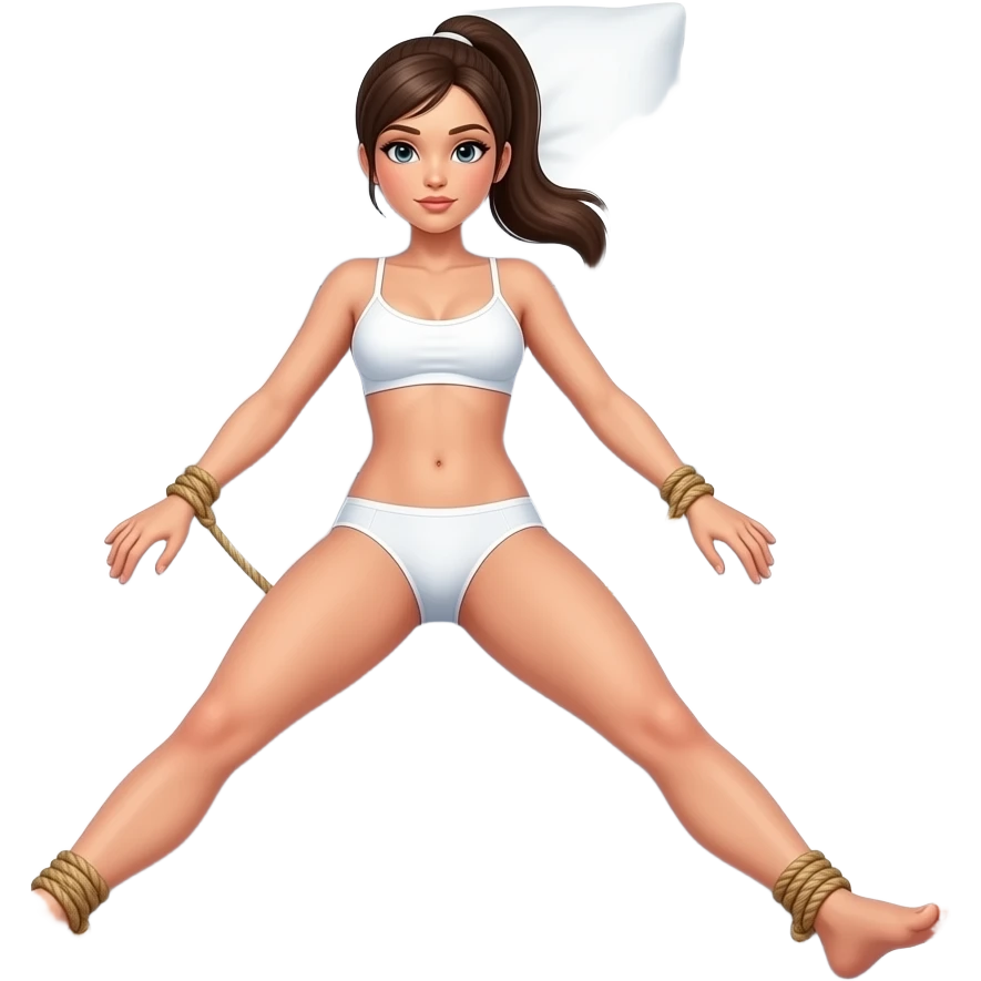 woman in white underwear with ponytail on bed with legs apart and ankles tied to thighs shibari emoji