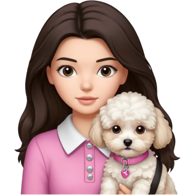 brunette Kendall Jenner with long hair holding on the hands white maltipoo wear on pink collar emoji