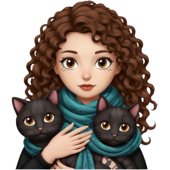 bust woman long curly brown hair brown eyes white skin tattoos with black cat wrapped around shoulders like scarf emoji