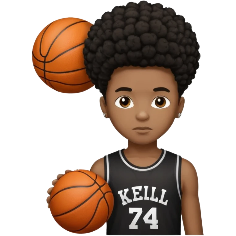 A black brown skin boy with a short small low taper fade Afro with a black short with a basketball on it and a sign on his fourhead that says “K3LL4N/KWEZZY  emoji