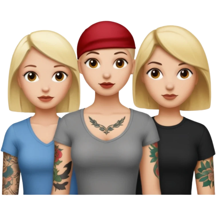 throuple blonde femaleand brunette female with bald tattooed emoji